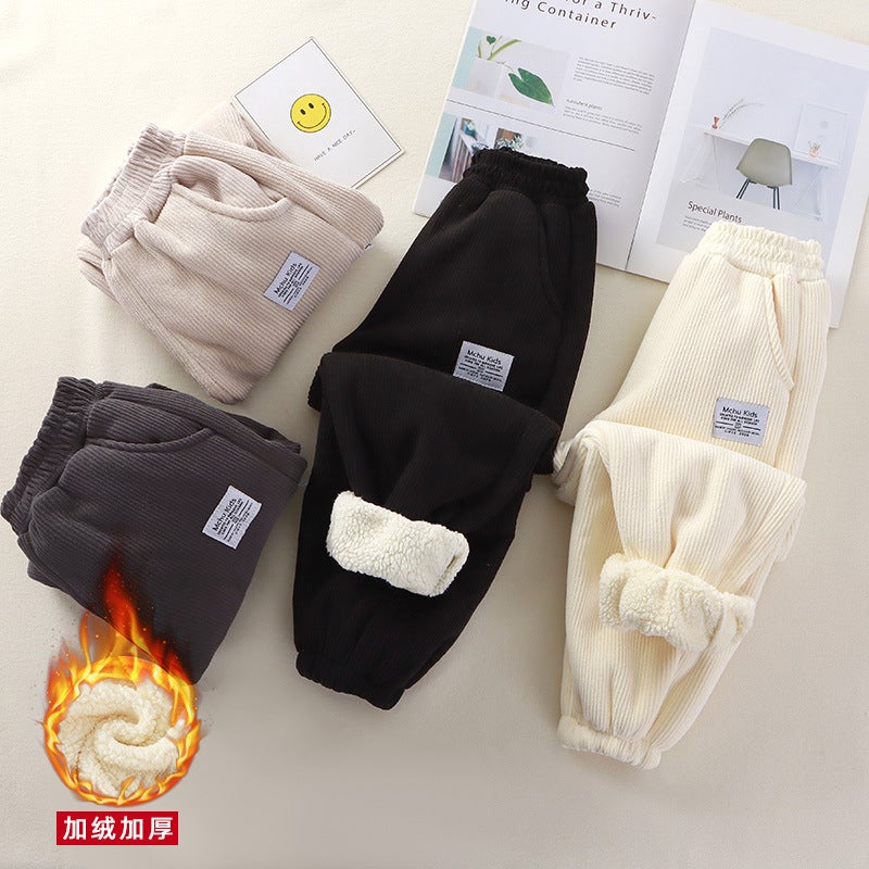 Children'S Large Children'S Fleece-Lined Pants Students Men'S And Women'S Baby Thickened Warm Casual Outer Wear Pants - Image 2